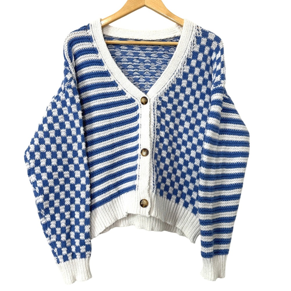 Checkerboard Knit Cardigan Oversized Cropped L Striped  Indie Coastal Minimalist